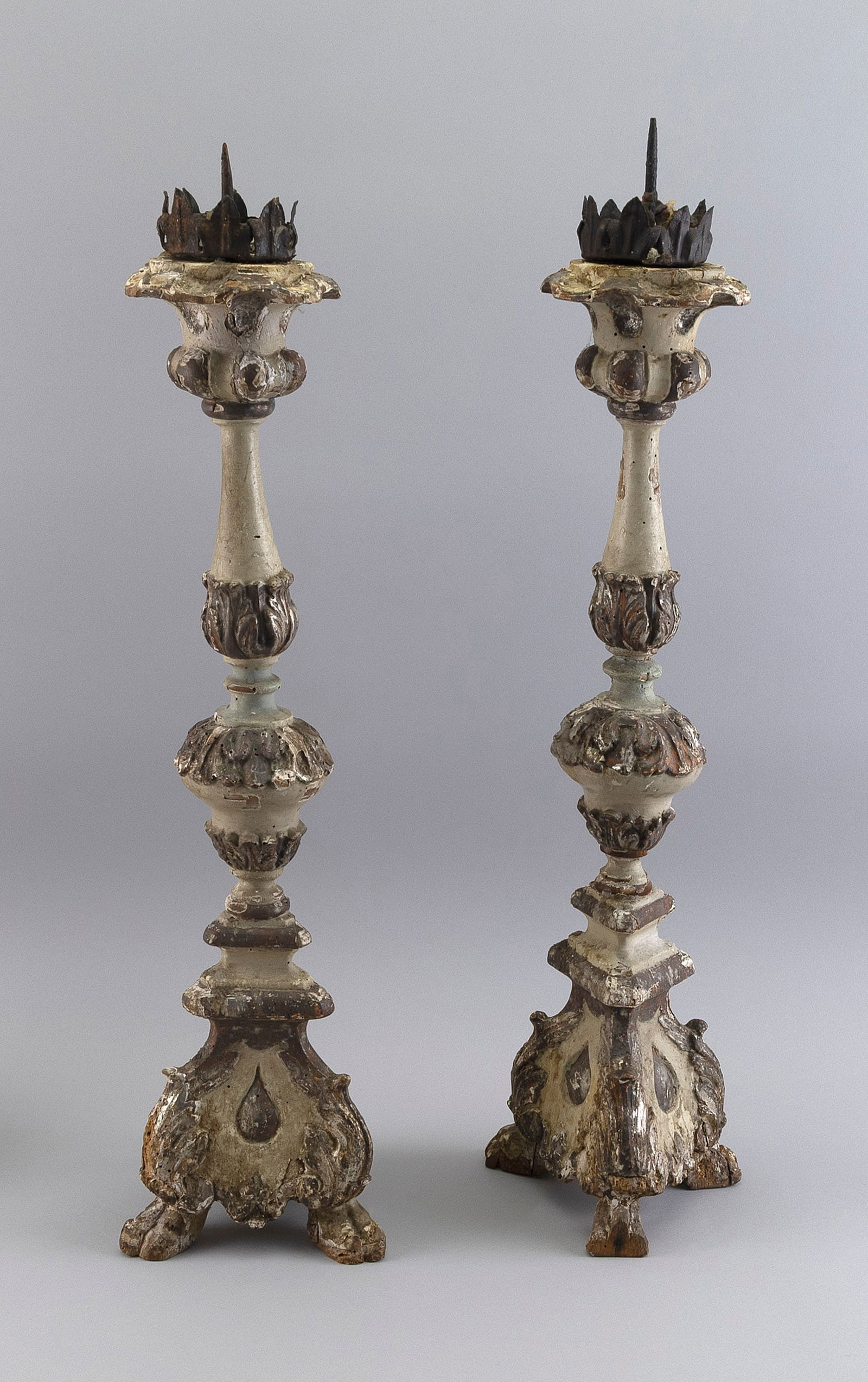 PAIR OF SPANISH OR SPANISH COLONIAL CARVED, PAINTED AND GILDED WOODEN CANDLESTICKS Early 19th (1 of 2)