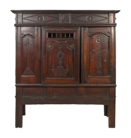 ORNATELY CARVED OAK KAS 18th Century Height 76.5". Width 66.5". Depth 23.5 "