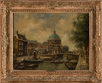 JAN GERARD SMITS (The Netherlands, 1823-1910), View of an Amsterdam canal., Oil on canvas, 12" x