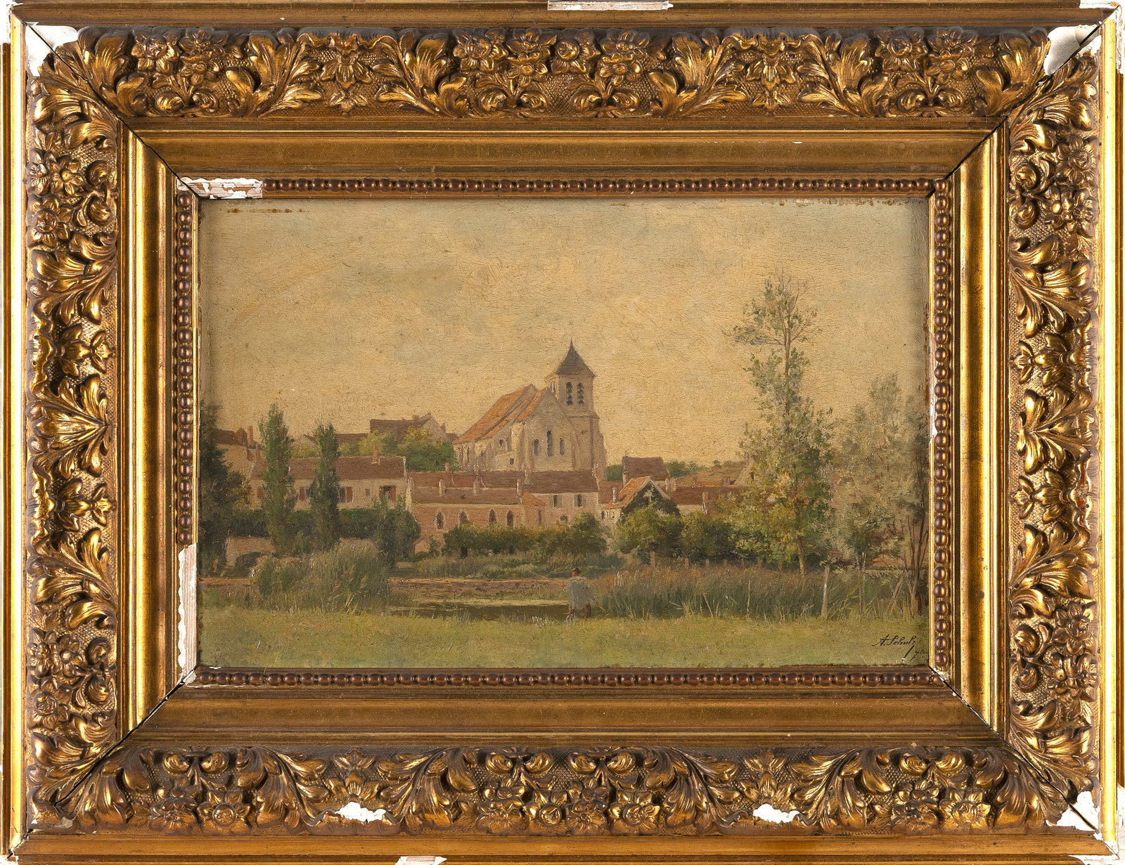 ADRIEN SCHULZ (The Netherlands/France, 1851-1931), A view of a church, likely Montigny-Sur-Loing.,: ADRIEN SCHULZ The Netherlands/France, 1851-1931 A view of a church, likely Montigny-Sur-Loing. Signed lower right "A. Schulz". Oil on panel, 10.5" x 16.5". Framed 18.5" x 24.5". Provenance: The Estate