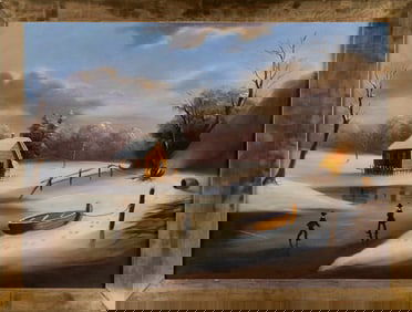 PRIMITIVE DUTCH PAINTING OF A FROZEN RIVER SCENE 19th Century 24" x 32". Framed 27" x 36".