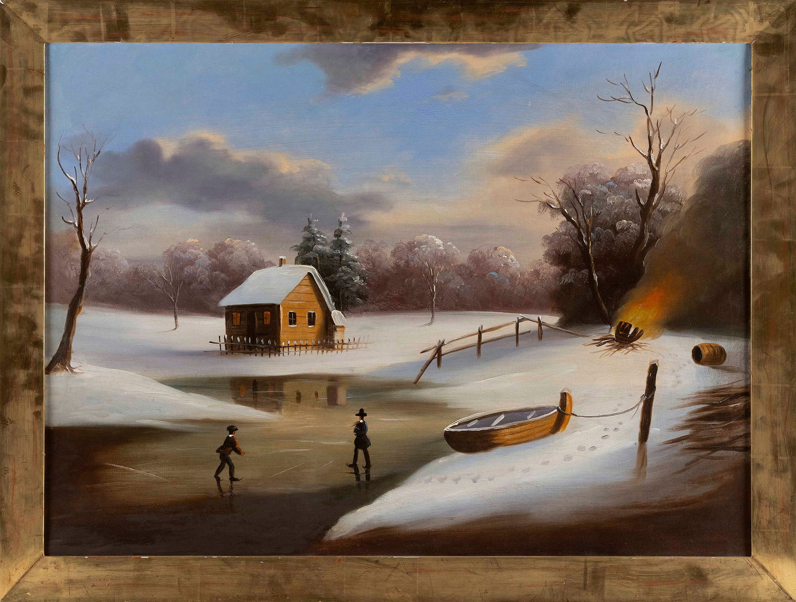 PRIMITIVE DUTCH PAINTING OF A FROZEN RIVER SCENE 19th Century 24" x 32". Framed 27" x 36". (1 of 2)