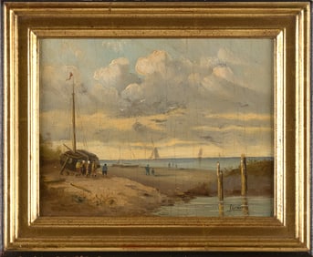 DUTCH SCHOOL (Early 20th Century,), Ship up for repairs., Oil on board, 7.75" x 10". Framed 10" x