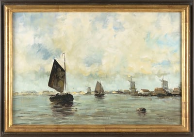 DUTCH SCHOOL (20th Century,), Harbor scene with coastal windmills., Oil on canvas, 22.75" x 35".