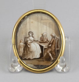 ENGLISH SCHOOL (18th Century,), Portrait miniature of a family gathered around a table., 2.25" x 2"