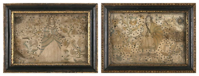 TWO ENGLISH NEEDLEWORK PORTRAIT PANELS 18th or 19th Century 6" x 9" sight. Framed 8.5" x 11.5".
