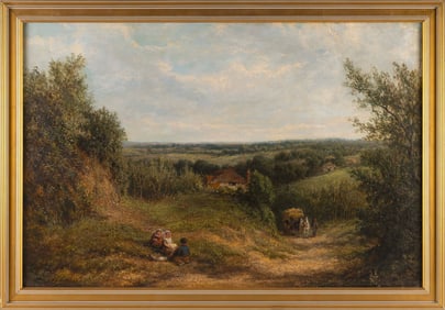 JAMES EDWARD (EDWIN) MEADOWS (England, 1828-1888), Panoramic landscape with three children waiting