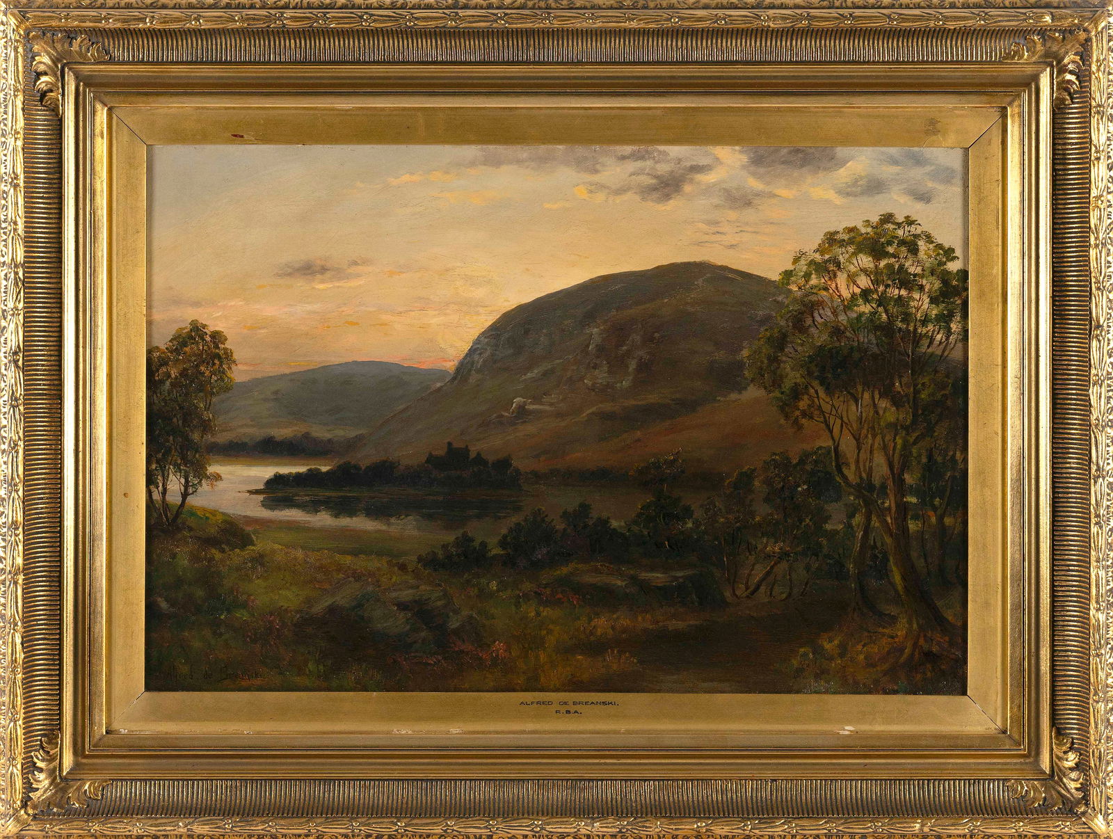 ALFRED DE BREANSKI, SR. (England/Scotland, 1852-1928), Sunset over a mountain landscape., Oil on (1 of 2)