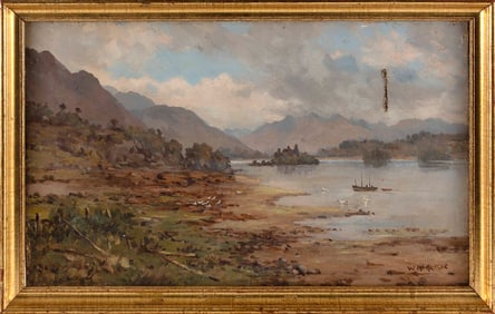William McGregor(England 19th/20th), Mountain lake landscape., Oil on canvas, 12" x 19.75".