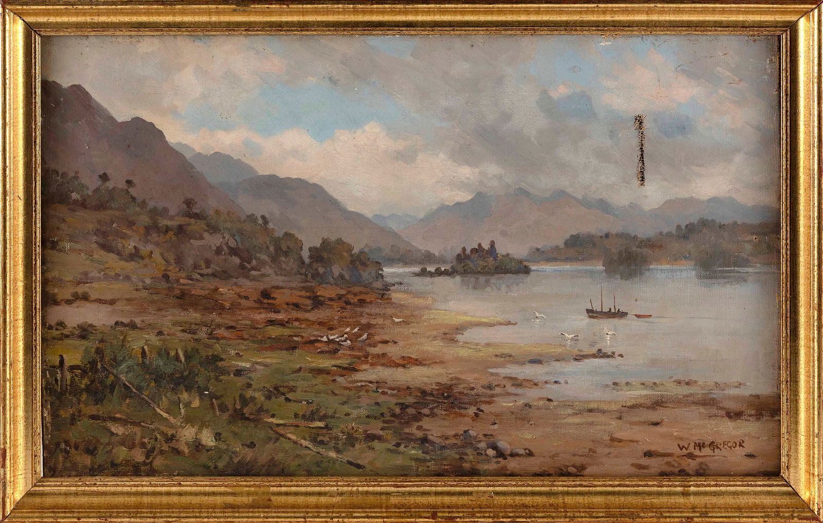 William McGregor(England 19th/20th), Mountain lake landscape., Oil on canvas, 12" x 19.75". (1 of 2)