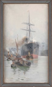 CHARLES JOHN DE LACY (United Kingdom, 1856-1929), Steam freighter at port., Oil on canvas, 32" x