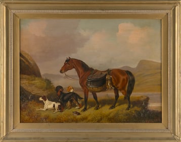 COLIN GRAEME (United Kingdom, 1858-1910), Three setters and a horse on a hunt., Oil on canvas, 20" x