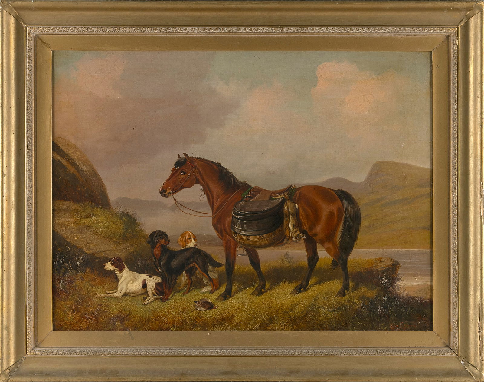 COLIN GRAEME (United Kingdom, 1858-1910), Three setters and a horse on a hunt., Oil on canvas, 20" x (1 of 2)