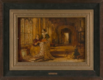 ENGLISH SCHOOL (19th Century,), Interior scene with two women and a child., Oil on panel, 10" x 16".