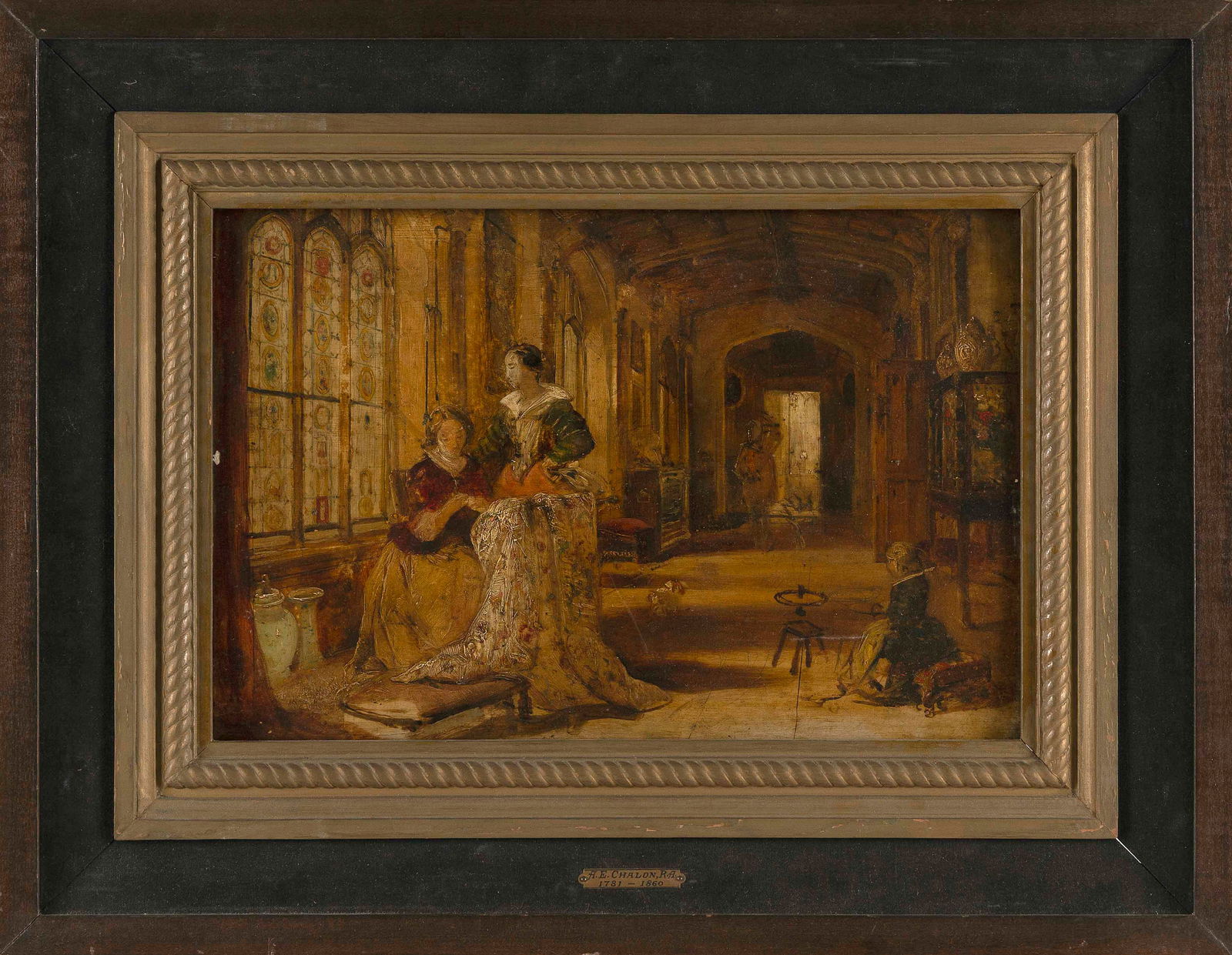 ENGLISH SCHOOL (19th Century,), Interior scene with two women and a child., Oil on panel, 10" x 16". (1 of 2)