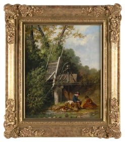 ENGLISH SCHOOL (19th Century,), Two children playing in a woodland landscape., Oil on canvas, 17" x