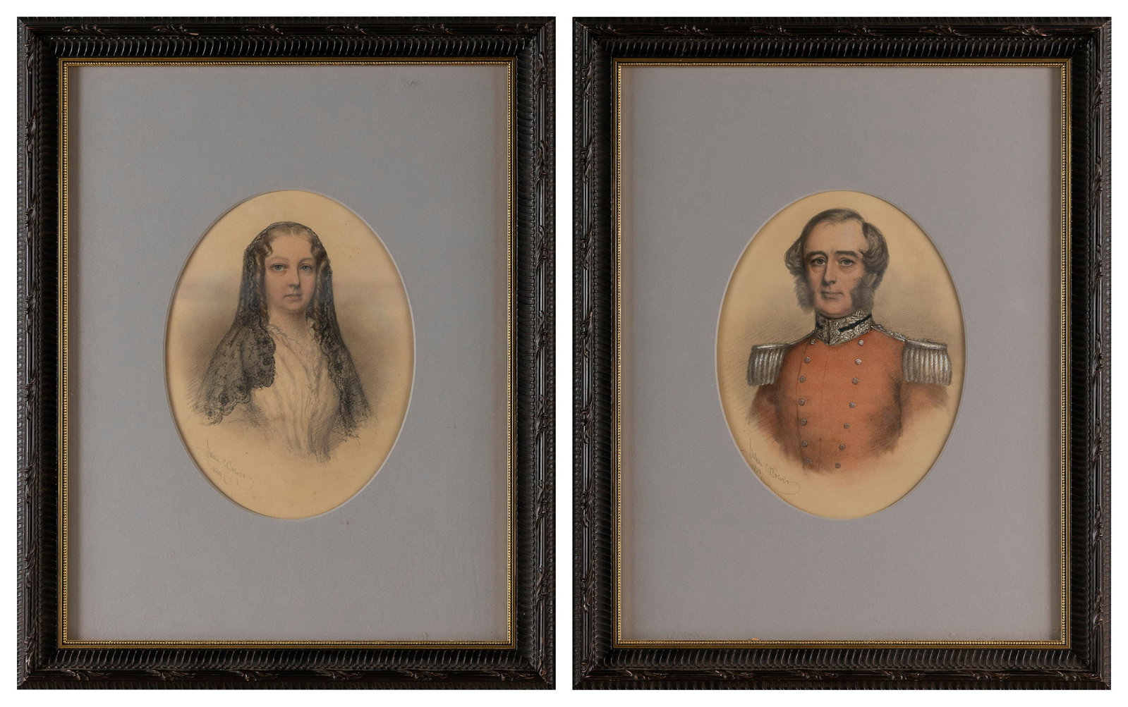 JULIAN CEDRIC BREWER (United Kingdom, 19th Century), Pair of portraits., Ink and watercolor on: JULIAN CEDRIC BREWER United Kingdom, 19th Century Pair of portraits. Both signed and dated lower left "Julian C. Brewer 1858". Ink and watercolor on paper, 9.75" x 7.5" sight. Framed 19.75" x 15.75".