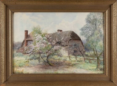 ENGLISH SCHOOL (19th Century,), View of a thatched roof cottage., Watercolor and gouache, 15" x 23"