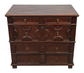 JACOBEAN-STYLE OAK FOUR-DRAWER CHEST 19th Century Height 36". Width 40.5". Depth 24".