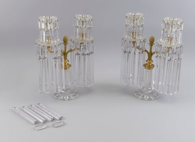 PAIR OF REGENCY-STYLE CUT GLASS AND BRONZE CANDELABRAS 19th Century Heights 14.5".