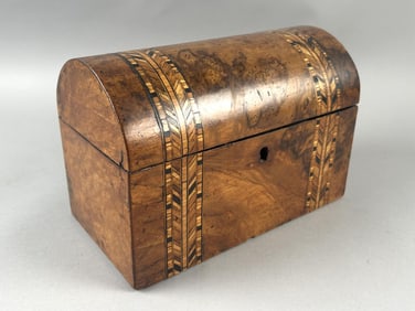 ENGLISH BURLWOOD VENEER DOME-TOP TEA CADDY 19th Century Height 6.5". Width 9". Depth 5".