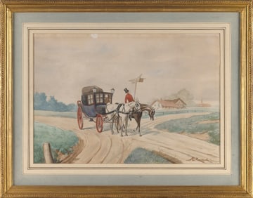 ENGLISH SCHOOL (20th Century,), Coaching scene., Watercolor on paper, 15" x 21.5" sight. Framed