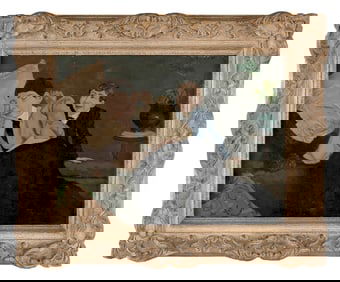 BRITISH SCHOOL (20th Century,), Practical joker., Oil on board, 12" x 16". Framed 17" x 21".