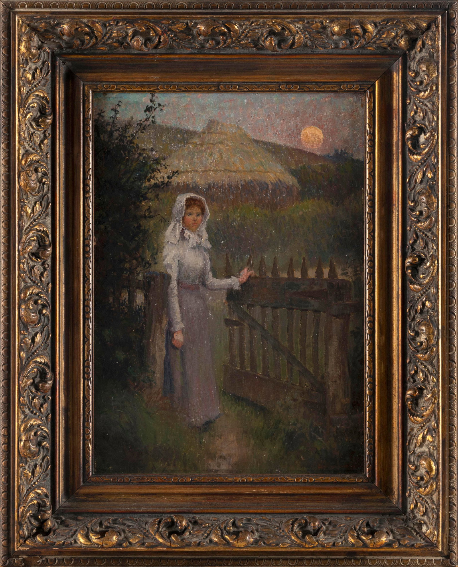 LEONARD FRANK SKEATS (England, 1874-1943), Girl at a garden gate., Oil on board, 16.75" x 12".: LEONARD FRANK SKEATS England, 1874-1943 Girl at a garden gate. Signed lower right "Leonard Skeats". Oil on board, 16.75" x 12". Framed 24" x 19.25".