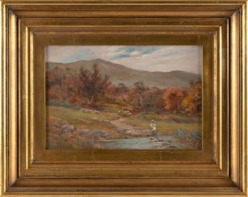 DONALD KENDALL (United Kingdom, fl. 1886-1927), "Crossing the Brook"., Oil on board, 7.5" x 11.25"