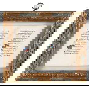 ILLUMINATED LATIN MANUSCRIPT LEAF 18th/19th Century 6" x 7.5". Framed 10.5" x 12".