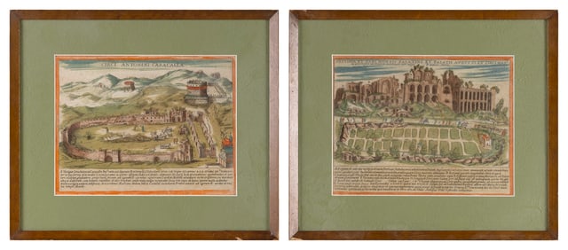 TWO EARLY ITALIAN COLORED ENGRAVINGS 7.5" x 9.5" sight. Framed 12" x 14".