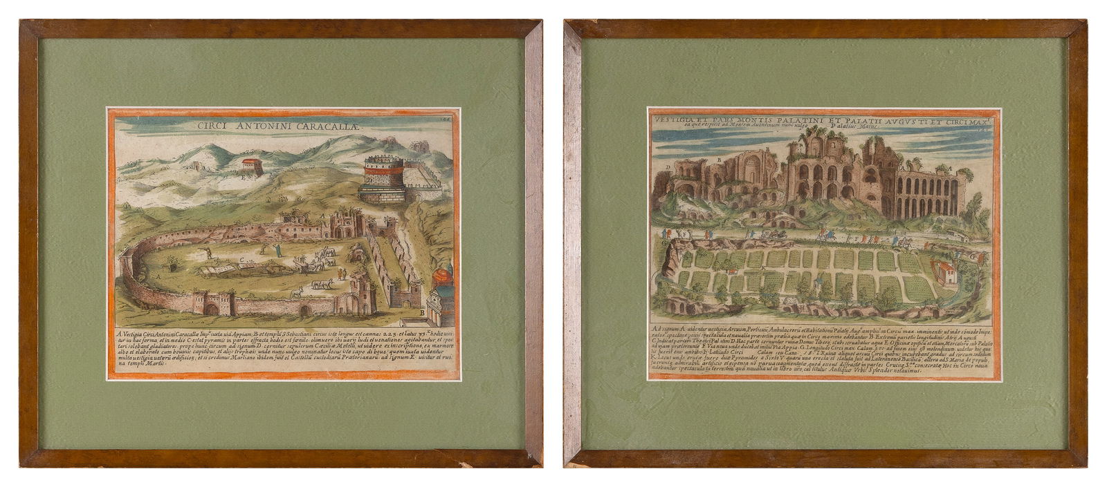 TWO EARLY ITALIAN COLORED ENGRAVINGS 7.5" x 9.5" sight. Framed 12" x 14".: TWO EARLY ITALIAN COLORED ENGRAVINGS"Circi Antonini Caracalla" and "Vestgia et Pars Montis Palatini et Palatii Augus ti et Circimax".7.5" x 9.5" sight. Framed 12" x 14".