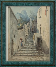 ANDREA CHERUBINI (Italy, 1833-1905), Two women walking down an outdoor stairway on Capri., 7" x 10"