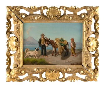EDUARDO MONTELLO (Italy, 1841-), A man and a boy with a donkey and a dog., Oil on canvas, 8.5" x