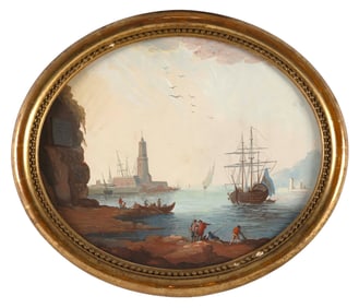ITALIAN SCHOOL (19th Century,), Coastal scene with a fortified lighthouse., Gouache on board, 9.75"