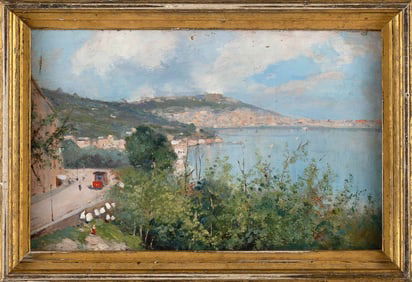 ITALIAN SCHOOL (Late 19th/Early 20th Century,), Coastline, likely Naples., Oil on panel, 7.25" x