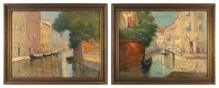PAIR OF VENETIAN CANAL PAINTINGS Early 20th Century Oils on board, 18" x 24". Framed 21.5" x 27.5".