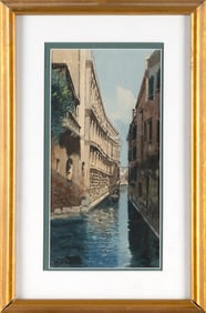 GIOVANNI BERTUZZI (Italy, Early 20th Century), Venetian canal., Watercolor, 12" x 6" sight. Framed