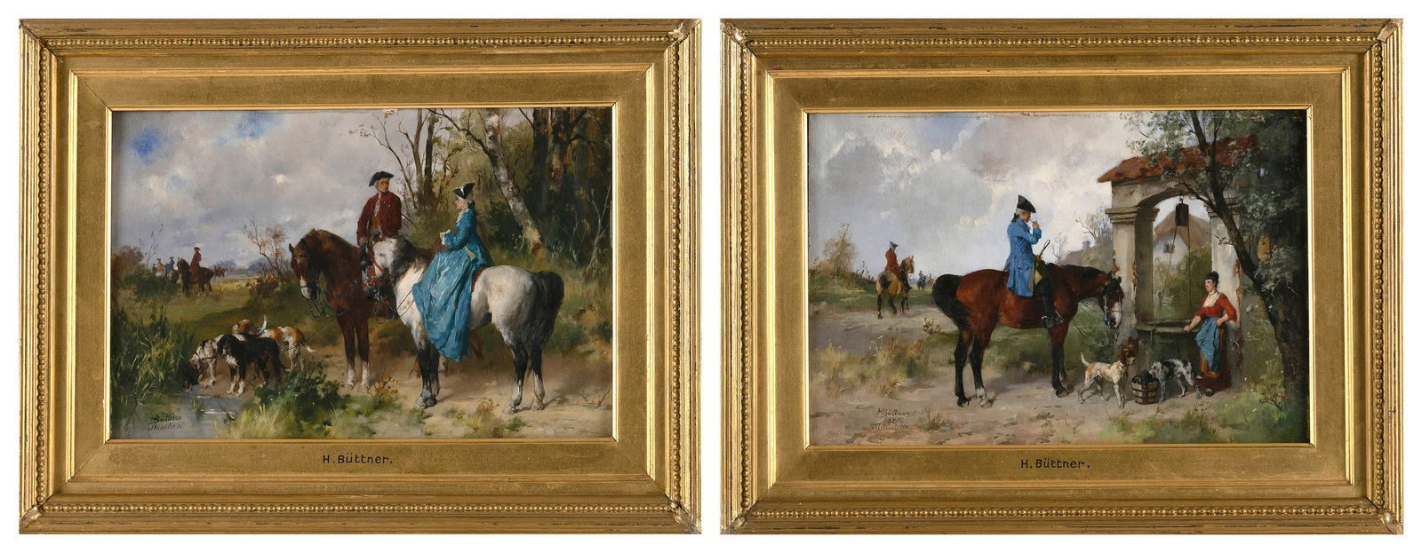 GEORGE HANS BUTTNER (Germany, 1850-1891), Pair of sporting scenes., Oils on panel, 6.25" x 9.75". (1 of 5)