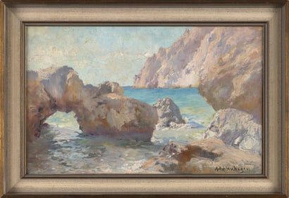 AUGUST ACHTENHAGEN (Germany, 1865-1938), Italian seascape with grotto., Oil on board, 10" x 16".