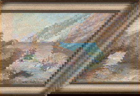 AUGUST ACHTENHAGEN (Germany, 1865-1938), Italian seascape with grotto., Oil on board, 10" x 16".: AUGUST ACHTENHAGENGermany, 1865-1938Italian seascape with grotto. Signed lower right "A. Achtenhagen".Oil on board, 10" x 16". Framed 13" x 19".