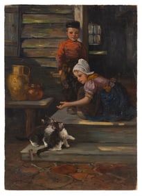EDMOND LOUYOT (Germany, 1861-1920), A boy and a girl feeding kittens., Oil on board, 20.25" x 14.5".