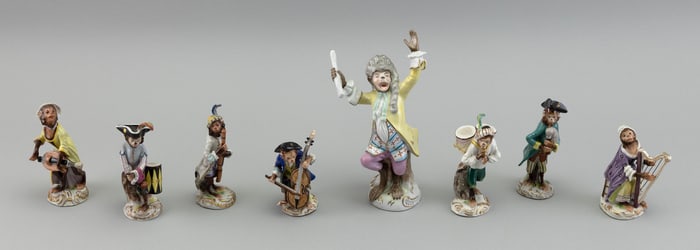 EIGHT GERMAN PORCELAIN MONKEY MUSICIAN FIGURES 19th Century Heights from 4" to 7.5".