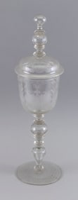 GERMAN ETCHED GLASS CEREMONIAL COVERED CUP Late 19th Century Height 19".