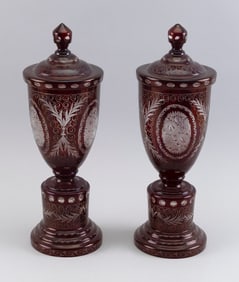 PAIR OF BOHEMIAN RUBY-FLASHED AND ETCHED GLASS COVERED COMPOTES Late 19th Century Heights 15.5".