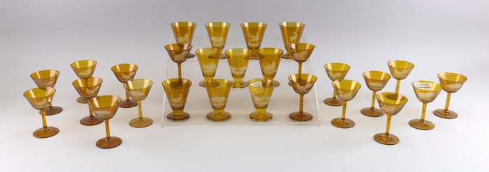 SET OF TWENTY-SEVEN BOHEMIAN AMBER ETCHED GLASSES Early 20th Century