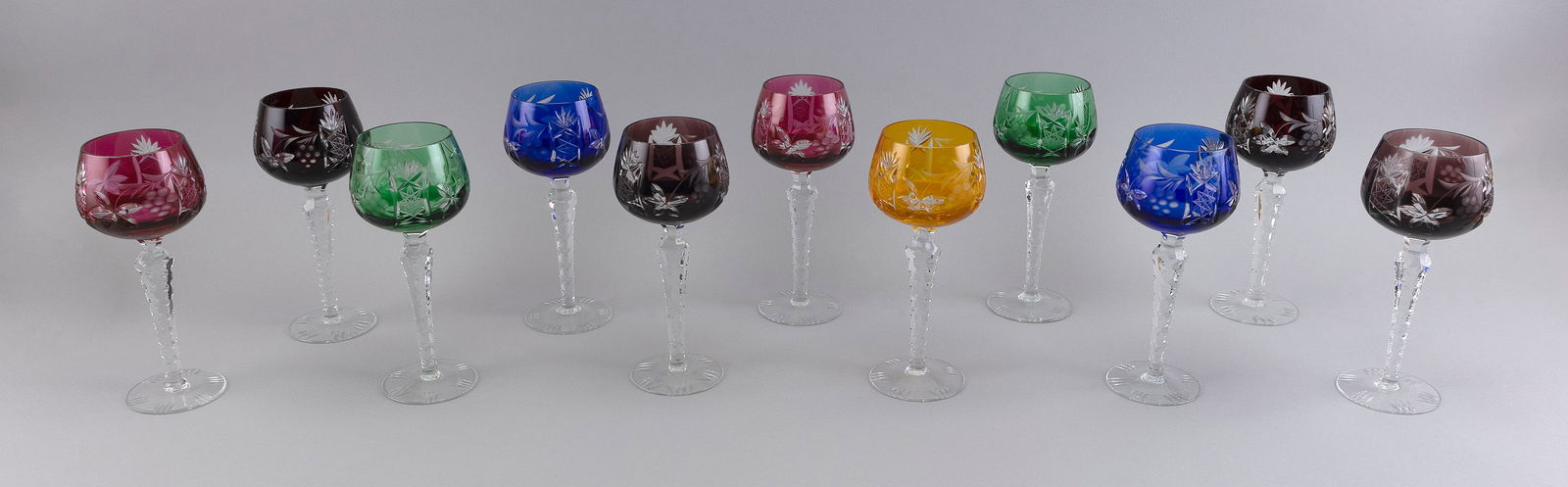 SET OF ELEVEN BOHEMIAN CUT COLORED GLASS GOBLETS 20th Century Heights 7.5". (1 of 1)