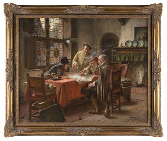 FRITZ WAGNER (Germany, 1896-1939), Planning a journey., Oil on canvas, 26" x 32". Framed 32" x