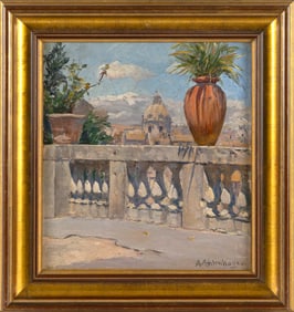 AUGUST ACHTENHAGEN (Germany, 1865-1938), Urn on a balustrade., Oil on board, 11.25" x 10.5". Framed