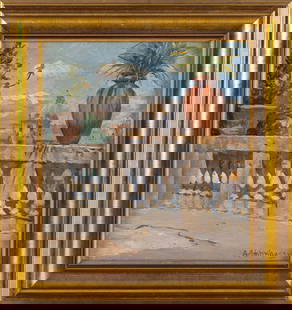 AUGUST ACHTENHAGEN (Germany, 1865-1938), Urn on a balustrade., Oil on board, 11.25" x 10.5". Framed: AUGUST ACHTENHAGENGermany, 1865-1938Urn on a balustrade. Signed lower right "A. Achtenhagen".Oil on board, 11.25" x 10.5". Framed 15" x 14".
